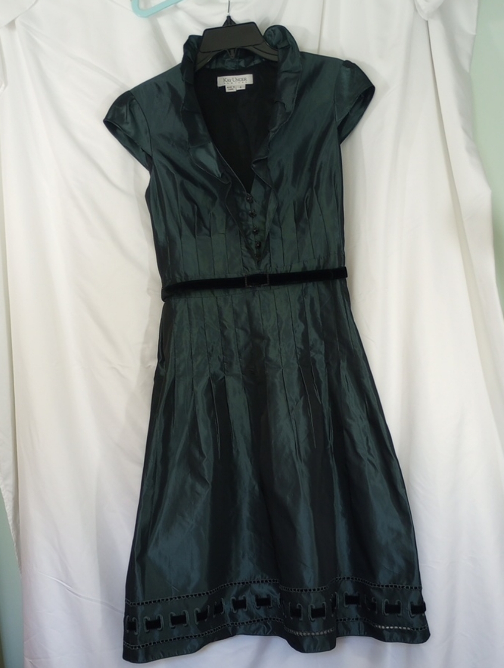 Kay Unger Dark Green Teal Satin Midi Dress with Velvet Belt